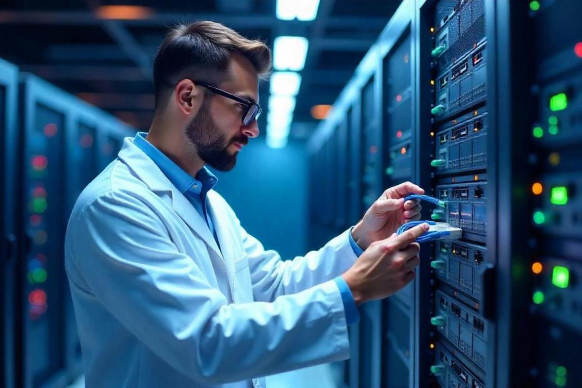 Technician connecting cables at a server rack in a data center.