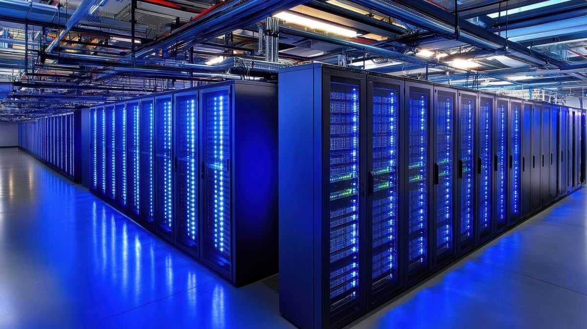 Rows of illuminated server racks receding down a hyperscale data hall aisle, mechanical pipework and cable tray overhead.