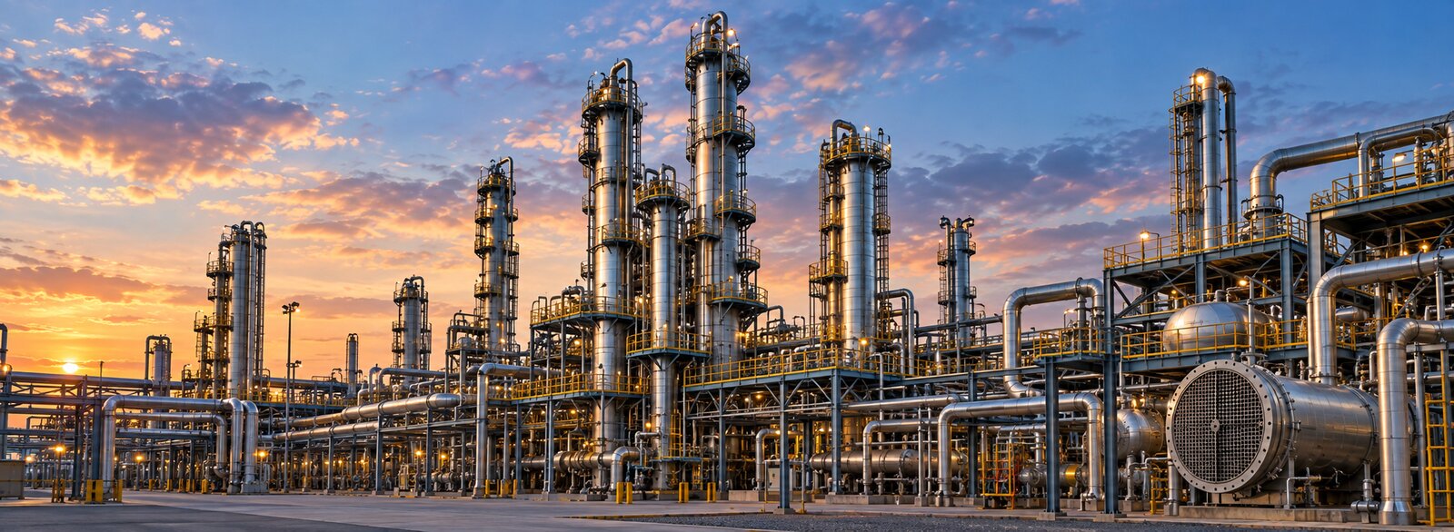 Generated image of chemical plant distillation columns, heat exchangers and process piping.