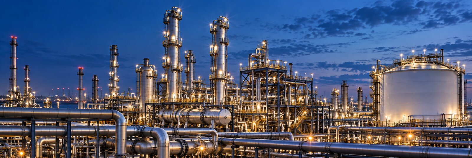 Generated image of an oil and gas processing complex with refinery towers, pipe racks and a storage tank.
