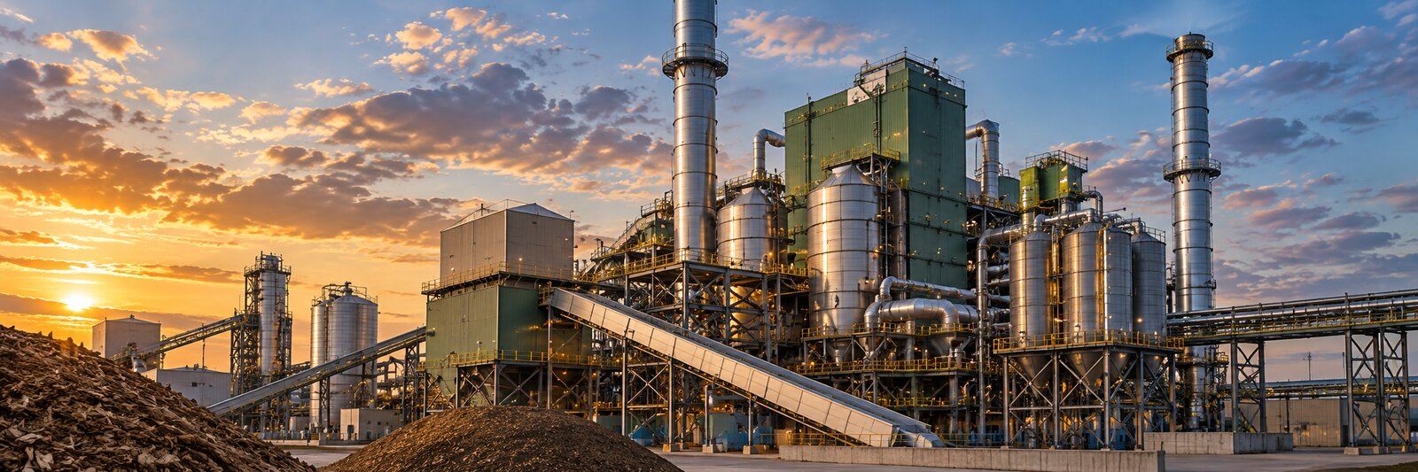 Generated image of a power generation plant with tall smokestacks, boilers and steel structures.