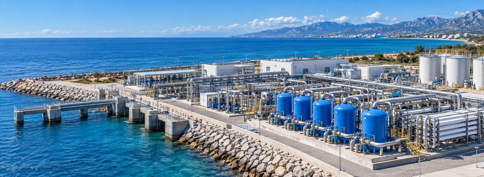 Generated image of a coastal desalination facility with intake works, water treatment vessels and piping.