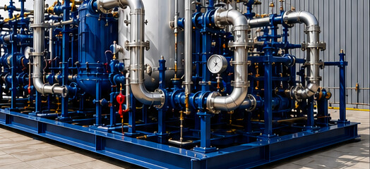 Chemical cleaning skid with blue-painted vessels, pumps and stainless pipework.