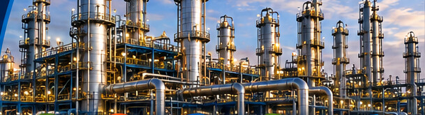 Refinery process towers and pipe racks lit at dusk.
