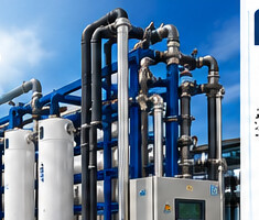 White filtration vessels and blue pipework on a commissioning skid.