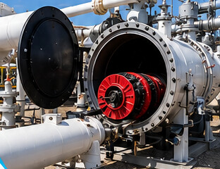 Open pipeline with a pig visible inside the pipe bore during a cleaning run.